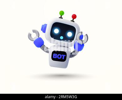 3D-intelligenter und niedlicher Roboter mit Kopf und Körper, Begrüßungsposition, isoliert auf dem Hintergrund. Symbol für Chat-Bot, Symbol für ai-getriebenen Kundensupport. 3D-Vektorillustration. Vektorillustration Stock Vektor