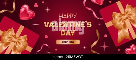 Glücklicher Valentinstag. Helles Verkaufsbanner, realistischer Stil. Strahlendes Herz. Goldene Sterne und Bänder, Geschenkboxen. Glitzernde Glitzerschrift, Konfetti. Stock Vektor