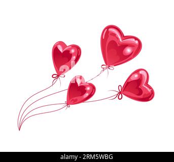 Rosafarbene, herzförmige Heliumballons entwickeln sich im Wind. Moderne, realistische Illustration. Für Poster, Postkarten, Banner, Designelemente, Druck Stock Vektor