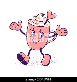 Kaffeebecher mit Schlagsahne, tanzen und lächeln. Süßwaren-Streusel, Herzlutscher. Trendiger alter Retro-Cartoon-Stil. Vintage-Food-Illustration Stock Vektor