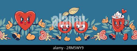 Nahtloser Rand für den Valentinstag. Ein paar verliebte Kirschen, Kaffeebecher, Herz. Trendiger alter Retro-Cartoon-Stil. Vintage-Illustration für Einladungen Stock Vektor