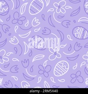 Frohe ostern. Nahtlose Schokoladeneier, Gänseblümchen und Tulpen mit einfarbigem lila Muster. Doodle-Stil. Für Tapeten, Bedrucken auf Stoff, Umhüllen Stock Vektor