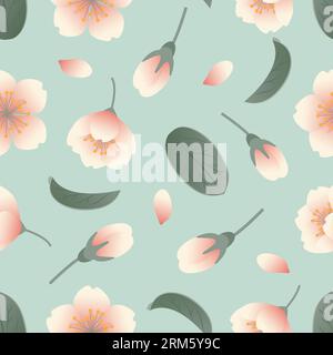 Sakura Blumen, Knospen und Blätter. Nahtloses Muster. Botanische Illustration im realistischen Stil, Kirschblüte. Hanami-Festival. Für Hintergrundbilder, Drucken Stock Vektor