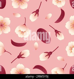 Sakura Blumen, Knospen und Blätter. Nahtloses Muster. Botanische Illustration im realistischen Stil, Kirschblüte. Hanami-Festival. Für Hintergrundbilder, Drucken Stock Vektor