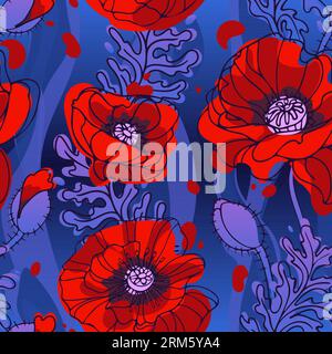 Psychedelic magic poppy pattern. 60s hippie, colorful flowers. Bright summer illustration in sketch style with papaver buds. For wallpaper, printing o Stock Vector