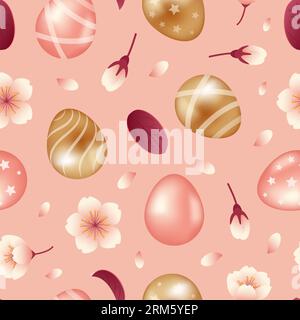 Frohe ostern. Goldene und rosa Schokoladeneier mit Sternen und Streifen. Apfel- oder Kirschblüten. Nahtloses Muster. Vektorillustration im realistischen Stil Stock Vektor