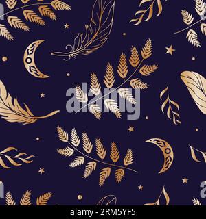 Magic seamless pattern. Moon, ferns, summer grasses, golden feathers, night sky, stars. Vector illustration. Halloween, witchcraft, astrology mysticis Stock Vector