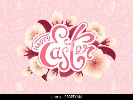 Happy easter. Cherry blossom realistic style. Pink monochrome pattern chocolate eggs, flowers. Doodle style. Vintage lettering. For posters, postcards Stock Vektor