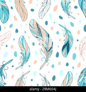 Nahtloses, helles Ethno-Muster im Boho-Stil mit Federn. Farbpunkte in Pastellfarben. Indianer, Traumfänger, Boho-Chic. Für Tapete, Stoff, Wrappi Stock Vektor