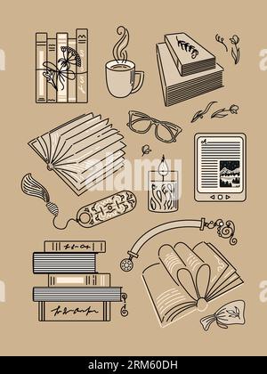 Lesen, Bücher stapeln und öffnen. Lesezeichen und Gläser, Kerze und Tasse, E-Book. Set aus isolierten Elementen im Vintage-Stil. Für Aufkleber, Poster, Postkarten, Stock Vektor