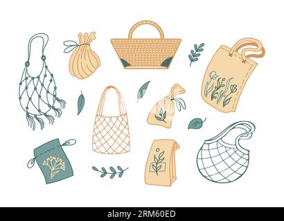 Set of eco bags. Shoppers, fabric pouches and a wicker bag with a natural composition. Floral print. Zero waste. Caring for nature. No plastic. For st Stock Vektor