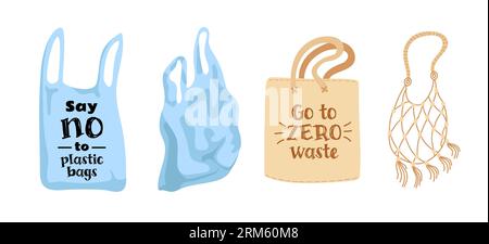 Set of plastic bags and eco bags. Fabric shopper and wicker bag. Environmental pollution or natural composition. Zero waste. concern for nature. no pl Stock Vektor