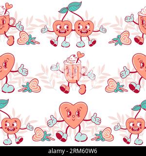 Herz, Tasse heiße Schokolade mit Sahne, Kirschen. Cuphead. Nahtloses Muster, Charaktere im alten Comic-Stil. Für Valentinstag, Tapete, p Stock Vektor