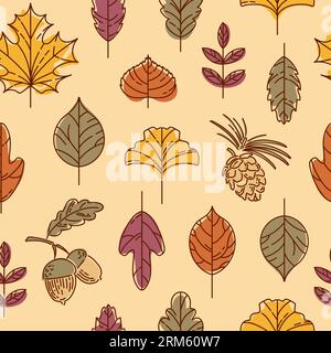 Seamless autumn pattern. Colorful leaves. Maple, ginkgo biloba, linden, lilac, mountain ash. Acorn and cedar cone. In vintage colors. For wallpaper, p Stock Vektor