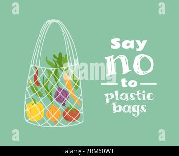 Umweltfreundliche Einkaufstasche aus Korbgeflecht mit Gemüse. Zwiebeln, Karotten, Tomaten und Gurken. Gesunder Lebensstil. Veganismus. Umweltschutz. Kein Kunststoff. Stock Vektor