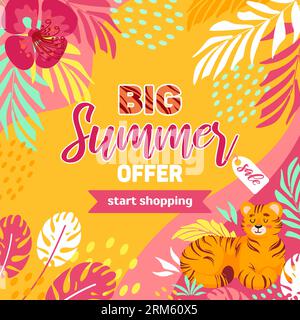 Helles, quadratisches Sommerbanner. Tiger, tropische Blätter und Blumen. In leuchtend rosa gelben Neonfarben. Hippie, psychedelisch. Für Werbung, Website Stock Vektor