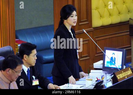 Bildnummer: 60758309  Datum: 26.11.2013  Copyright: imago/Xinhua     (131126) -- BANGKOK, Nov. 26, 2013 (Xinhua) -- Thai Prime Minister Yingluck Shinawatra debates at the Parliament House in Bangkok, Thailand, Nov. 26, 2013. (Xinhua/Rachen Sageamsak) THAILAND-BANGKOK-PM-DEBATE PUBLICATIONxNOTxINxCHN People Politik x0x xkg 2013 quer premiumd Stock Photo