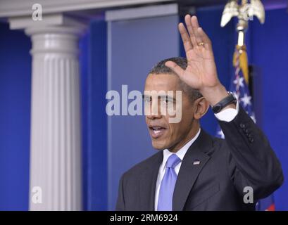 US-Präsident Barack Obama veranstaltet am 20. Dezember 2013 die Year-End-Pressekonferenz im Brady Briefing Room des Weißen Hauses in Washington D.C., der Hauptstadt der Vereinigten Staaten. (Xinhua/Zhang Jun) US-WASHINGTON-OBAMA-YEAR-END-PRESS-CONFERENCE PUBLICATIONxNOTxINxCHN US-Präsident Barack Obama veranstaltet die Year End Press Conference im Brady Briefing Room des Weißen Hauses in Washington D C Hauptstadt der Vereinigten Staaten DEC 20 2013 XINHUA Zhang jun US-Washington Obama Year End Press Conference PUNOBLICATINXCHXN Stockfoto