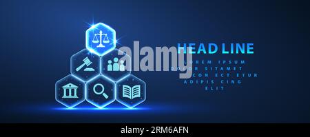 Digitales Recht. Abstrakte Pyramide aus Sechsecken mit Symbolen des Regelsystems und Skalierung oben. Virtueller Anwalt Stock Vektor