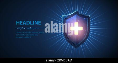 Glänzender Schild und Kreuz. Antimikrobieller Schutz, covid-19-Impfung, Virenschutz, Immunsystem, bakterielle Immunologie, Virenschutz Stock Vektor