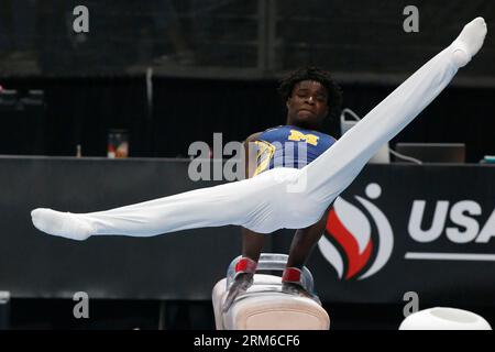San Jose, Kalifornien, USA. 26. August 2023. Frederick Richard (43) tritt am Samstag, den 26. August 2023, bei den Xfinity U.S. Gymnastics Championships im SAP Center in San Jose, Kalifornien, auf dem Prunk 2023-Pferd auf (Bild: © David G. McIntyre/ZUMA Press Wire) NUR REDAKTIONELLE VERWENDUNG! Nicht für kommerzielle ZWECKE! Stockfoto