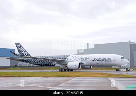 (140102) -- TOULOUSE, 2. Januar 2014 (Xinhua) -- Foto der Airbus-Gruppe zeigt die A350 MSN2 mit spezieller Carbon-Lackierung, die in der Fabrik in Toulouse, Südfrankreich, am 2. Januar 2014 zu sehen ist. Airbus stellte sein drittes A350 XWB-Testflugzeug MSN2 aus der Lackiererei in Toulouse aus und war damit ein weiterer erfolgreicher Meilenstein auf dem Weg zur Inbetriebnahme im 4. Quartal 2014. Dieses Flugzeug verfügt nicht nur über eine unverwechselbare Carbon-Signatur, die seine primäre Konstruktion aus fortschrittlichen Materialien widerspiegelt, sondern ist auch das erste von zwei A350-Flugtestflugzeugen, die mit einem Vollpassagierflugzeug C ausgestattet sind Stockfoto