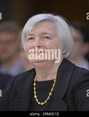 Das Foto zeigt die stellvertretende Vorsitzende der US-Notenbank (Fed) Janet Yellen, die während ihrer Nominierungsanhörung zum Vorsitzenden der US-Notenbank vor dem Bankenausschuss des Senats am Capitol Hill in Washington D.C., der Hauptstadt der Vereinigten Staaten, am 14. November 2013 aussagte. Der US-Senat bestätigte Janet Yellen am 6. Januar 2014 als nächste Leiterin der Federal Reserve. Sie würde den scheidenden Fed-Vorsitzenden Ben Bernanke ersetzen, dessen Amtszeit Ende dieses Monats endet. (Xinhua/Zhang Jun) (zw) US-FEDERAL RESERVE-JANET YELLEN PUBLICATIONxNOTxINxCHN Datei Foto zeigt stellvertretende Vorsitzende der US Federal Reserve Stockfoto