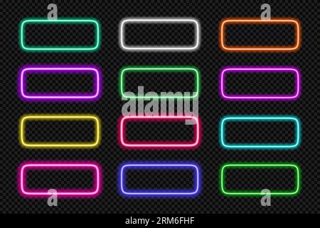 Neonrahmen, abgerundetes Rechteck. Leuchtend farbiger rechteckiger Rand. Elemente der Aktionsschaltfläche „Geometrische Form“ auf der Benutzeroberfläche mit Kopierbereich. Violett, blau, rosa Stock Vektor
