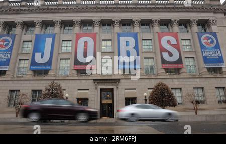 (1401010) -- WASHINGTON D.C., Jan. 10, 2014 (Xinhua) -- Vehicles travel past the Chamber of Commerce building in Washington, DC., the United States, Jan. 10, 2014. The Labor Department reported that only 74,000 jobs were added to payrolls in last December, the fewest in three years and far less than economists were expecting, but the unemployment rate falling from 7 to 6.7 percent. (Xinhua/Yin Bogu) US-WASHINGTON D.C.-JOBS REPORT-UNEMPLOYMENT RATE-FALLING PUBLICATIONxNOTxINxCHN   Washington D C Jan 10 2014 XINHUA VEHICLES Travel Past The Chamber of Commerce Building in Washington DC The United Stock Photo