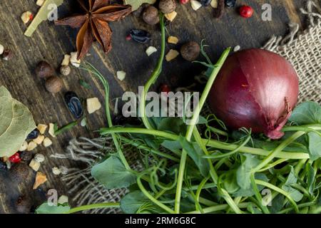 Zwiebelknolle und andere Gewürze auf dem Tisch, während Sie Gerichte der osteuropäischen Küche zubereiten, eine Mischung aus Gewürzen und Zwiebelköpfen auf dem Tisch Stockfoto