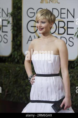 Die Schauspielerin Jennifer Lawrence kommt am 12. Januar 2014 für die 71. Golden Globe Awards in Beverly Hills, Kalifornien, USA. (Xinhua/Yang Lei) U.S.-BEVERLY HILLS-GOLDEN GLOBE AWARDS PUBLICATIONxNOTxINxCHN Schauspielerin Jennifer Lawrence kommt für die 71. Jährlichen Golden Globe Awards in Beverly Hills Kalifornien die Vereinigten Staaten AM 12. Januar 2014 XINHUA Yang Lei U S Beverly Hills Golden Globe Awards PUBLICATIONxNOTxCHINxCHN Stockfoto