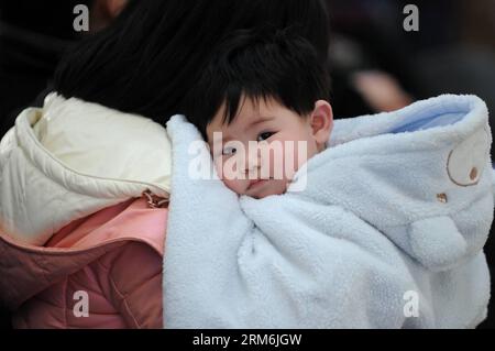 (140116) -- HANGZHOU, 16. Januar 2014 (Xinhua) -- Ein 7 Monate altes Baby schmiegt sich an seine Mutter, während es am 16. Januar 2014 auf den Zug am Hangzhou East Railway Station in Hangzhou, der Hauptstadt der ostchinesischen Provinz Zhejiang, wartet. Der Reiserouch des Frühlingsfestes 2014 begann in den frühen Donnerstagsstunden. Etwa 3,62 Milliarden Reisen werden während des 40-tägigen Frühjahrsfestivals unternommen, so Lian Weiliang, stellvertretender Leiter der Nationalen Entwicklungs- und Reformkommission auf einer Pressekonferenz. (Xinhua/Ju Huangzong) (wf) CHINA-HANGZHOU-SPRING FESTIVAL TRAVEL RUSH (CN) PUBLICATIONxNOTxIN Stockfoto