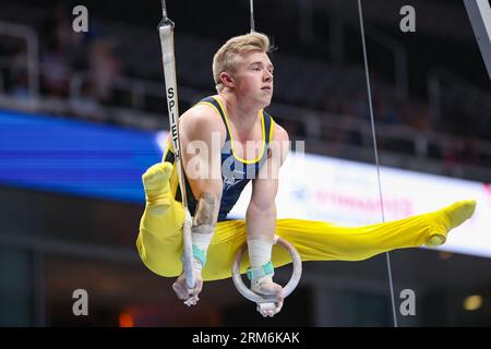 26. August 2023: Cameron Bock nimmt an den Rings während des Men's Day 2 der US-Gymnastik-Meisterschaften 2023 im SAP Center in San Jose, KALIFORNIEN, Teil. Kyle Okita/CSM Stockfoto