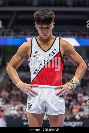 August 26, 2023: Yul Moldauer thinks about his upcoming routine during the Men's Day 2 of the 2023 U.S. Gymnastics Championships at SAP Center in San Jose, CA. Kyle Okita/CSM Stockfoto