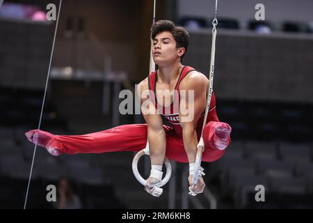 26. August 2023: Brandon Briones nimmt an den Rings während des Men's Day 2 der US-Turniermeisterschaften 2023 im SAP Center in San Jose, KALIFORNIEN, Teil. Kyle Okita/CSM Stockfoto