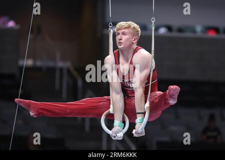 August 26, 2023: Riley Loos competes on the Rings during the Men's Day 2 of the 2023 U.S. Gymnastics Championships at SAP Center in San Jose, CA. Kyle Okita/CSM Stockfoto