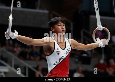 San Jose, Kalifornien, USA. 26. August 2023. YUL Moldauer (2) nimmt an den Ringen der Xfinity U.S. Gymnastics Championships 2023 im SAP Center in San Jose, Kalifornien, am Samstag, den 26. August 2023 Teil (Credit Image: © David G. McIntyre/ZUMA Press Wire) NUR REDAKTIONELLE VERWENDUNG! Nicht für kommerzielle ZWECKE! Stockfoto