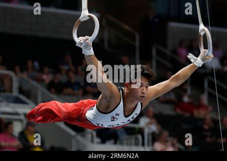 San Jose, Kalifornien, USA. 26. August 2023. YUL Moldauer (2) nimmt an den Ringen der Xfinity U.S. Gymnastics Championships 2023 im SAP Center in San Jose, Kalifornien, am Samstag, den 26. August 2023 Teil (Credit Image: © David G. McIntyre/ZUMA Press Wire) NUR REDAKTIONELLE VERWENDUNG! Nicht für kommerzielle ZWECKE! Stockfoto