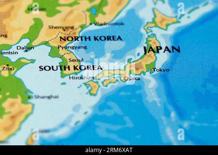 Weltkarte oder atlas von ostasien, korea japan Länder in Nahaufnahme Stockfoto