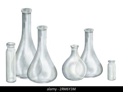 Set aus Glasgefäß, Vase. Aquarellhandgezeichneter Clipart isoliert auf weißem Hintergrund. Becherset für biologische und medizinische Experimente. Handgefertigt Stockfoto
