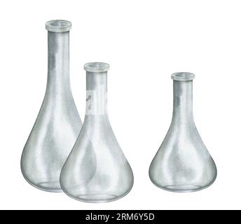 Set aus Glasgefäß, Vase. Aquarellhandgezeichneter Clipart isoliert auf weißem Hintergrund. Becherset für biologische und medizinische Experimente. Handgefertigt Stockfoto