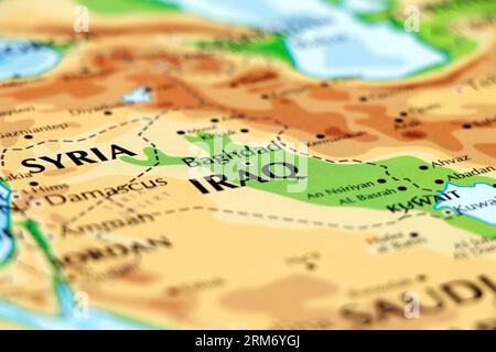 Weltkarte für den Nahen Osten asiens, irak, bagdad, syrien, damaskus, kuwait-Länder im Nahbereich Stockfoto