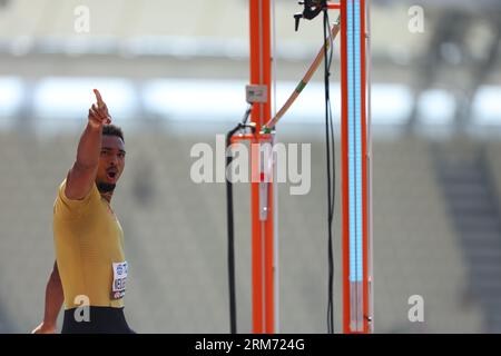 National Athletics Centre, Budapest, Ungarn. 26. August 2023. Leo Neugebauer (GER), 26. AUGUST 2023 - Leichtathletik: Leichtathletik-Weltmeisterschaften Budapest 2023 Männer-Decathlon - Pole Vault im National Athletics Centre, Budapest, Ungarn. Quelle: Yohei Osada/AFLO SPORT/Alamy Live News Stockfoto