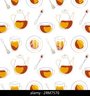 Kochutensilien mit Teekanne Becher Teller Gabel Löffel im Doodle-Stil. Vektorillustration Stock Vektor