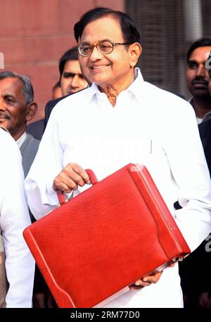 (140217) -- NEW DELHI, Feb. 17, 2014 (Xinhua) -- Indian Finance Minister P. Chidambaram smiles at North Block before going to Parliament House to present the Interim Budget 2014-15, in New Delhi, India, on Feb. 17, 2014. P. Chidambaram Monday said the country s fiscal deficit was estimated at 4.6 percent of GDP for FY 2013-14 during the parliament session, local media reported. (Xinhua/Partha Sarkar) (srb) INDIA-NEW DELHI-BUDGET PUBLICATIONxNOTxINxCHN   New Delhi Feb 17 2014 XINHUA Indian Finance Ministers P Chidambaram Smiles AT North Block Before Going to Parliament House to Present The Inte Stock Photo