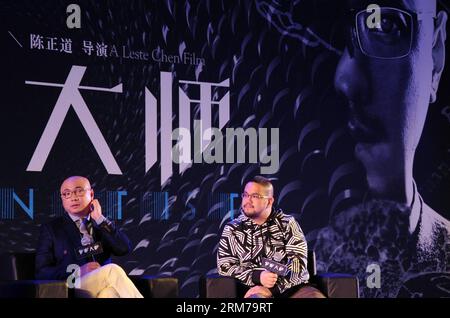 (140220) -- PEKING, 20. Februar 2014 (Xinhua) -- der chinesische Schauspieler Xu Zheng (L) und die Regisseurin Leste Chen nahmen am 20. Februar an einer Pressekonferenz für den neuen Film der große Hypnotist in Peking, der Hauptstadt Chinas, Teil. 2014. Der Film wird am 29. April ins chinesische Kino kommen. (Xinhua) (zwx) CHINA-PEKING-FILM DER GROSSE HYPNOTISEUR -PRESSEKONFERENZ(CN) PUBLICATIONxNOTxINxCHN Peking 20. Februar 2014 XINHUA der chinesische Schauspieler XU Zheng l und Regisseur Leste Chen nehmen an einer Pressekonferenz für den Neuen Film der große in Peking Hauptstadt von China Teil 20. Februar 2014 der Film wird AM 29. April das chinesische Kino treffen XINHUA China Beijing Movie Th Stockfoto