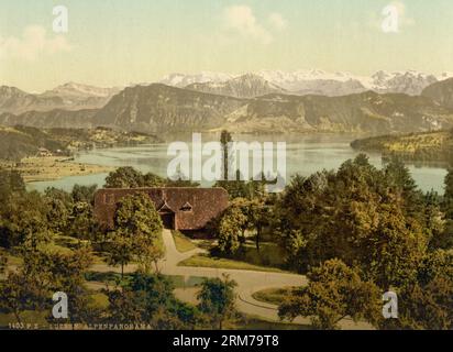 Blick auf den Vierwaldstättersee, die südliche Alpenkette, inklusive Titlis vom Dreilinden Park, Luzern, Schweiz 1890. Stockfoto