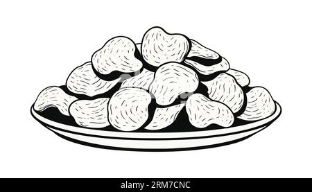 Flache schwarze Chips in einer Platte auf weißem Hintergrund. Vektorillustration Stock Vektor