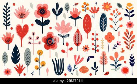 Von Hand gezeichnete abstrakte Wildblumen, Blumen und Blätter, flache Symbole. Vektorillustration Stock Vektor
