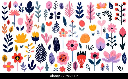 Von Hand gezeichnete abstrakte Wildblumen, Blumen und Blätter, flache Symbole. Vektorillustration Stock Vektor